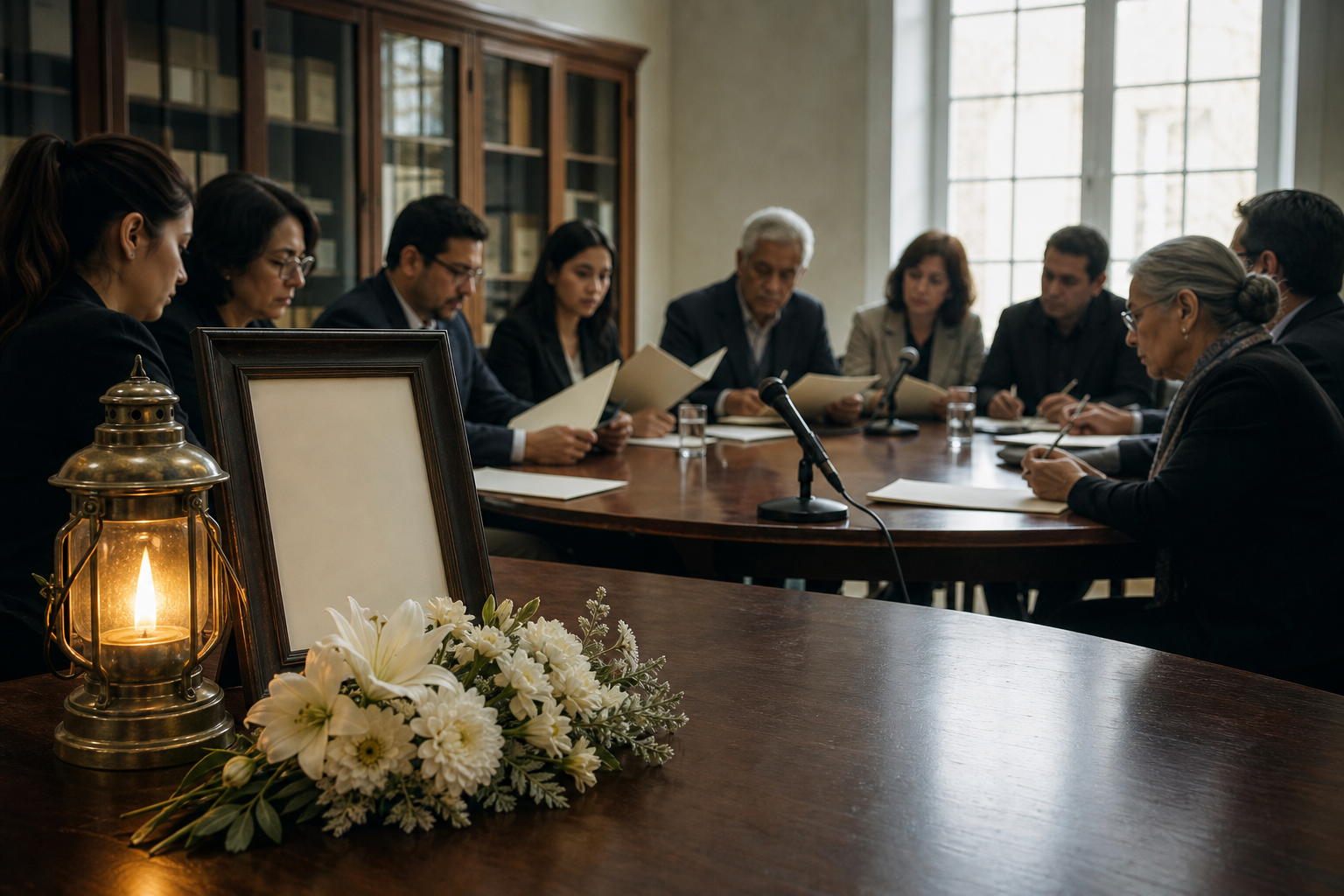 A memorial lamp and white flowers sit in the foreground while an anonymous group studies blank documents around a meeting table in the background.