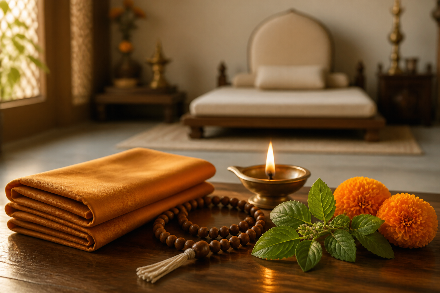 Prayer beads, a brass oil lamp, marigolds, tulsi leaves, and folded saffron cloth arranged near an empty meditation seat.