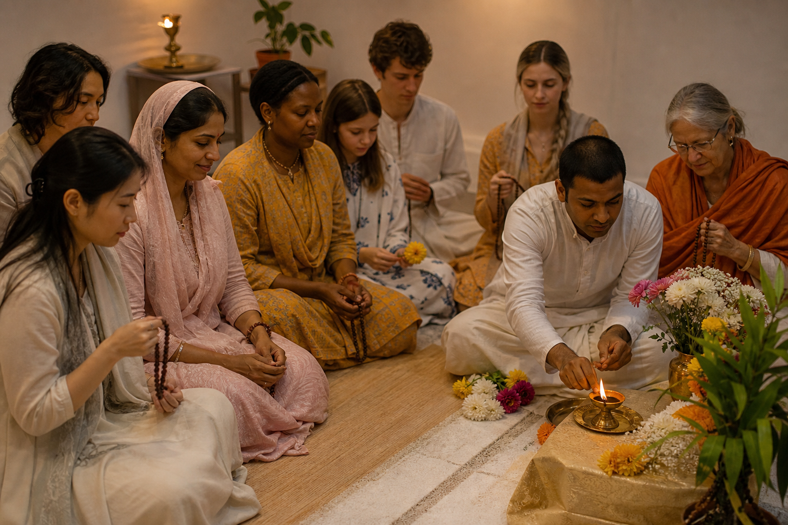 Devotees sit together with prayer beads, flowers, and a brass oil lamp in a softly lit temple hall.