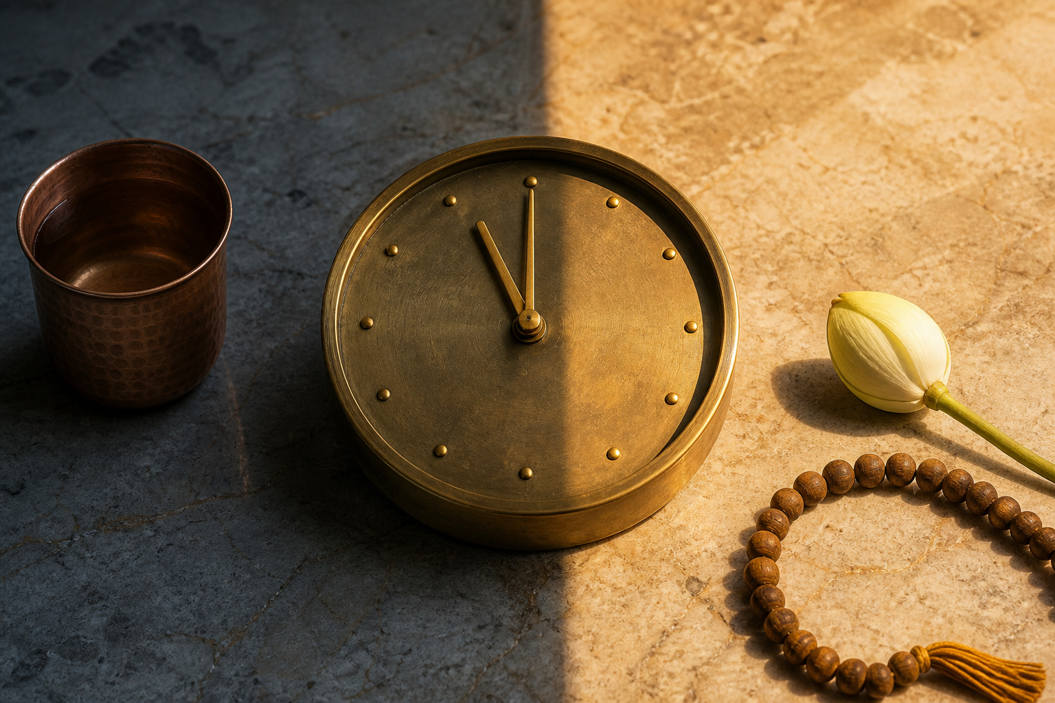 A numeral-free brass clock set to eleven o'clock rests across a boundary between cool morning shadow and warm daylight, beside a copper cup, a flower, and prayer beads.