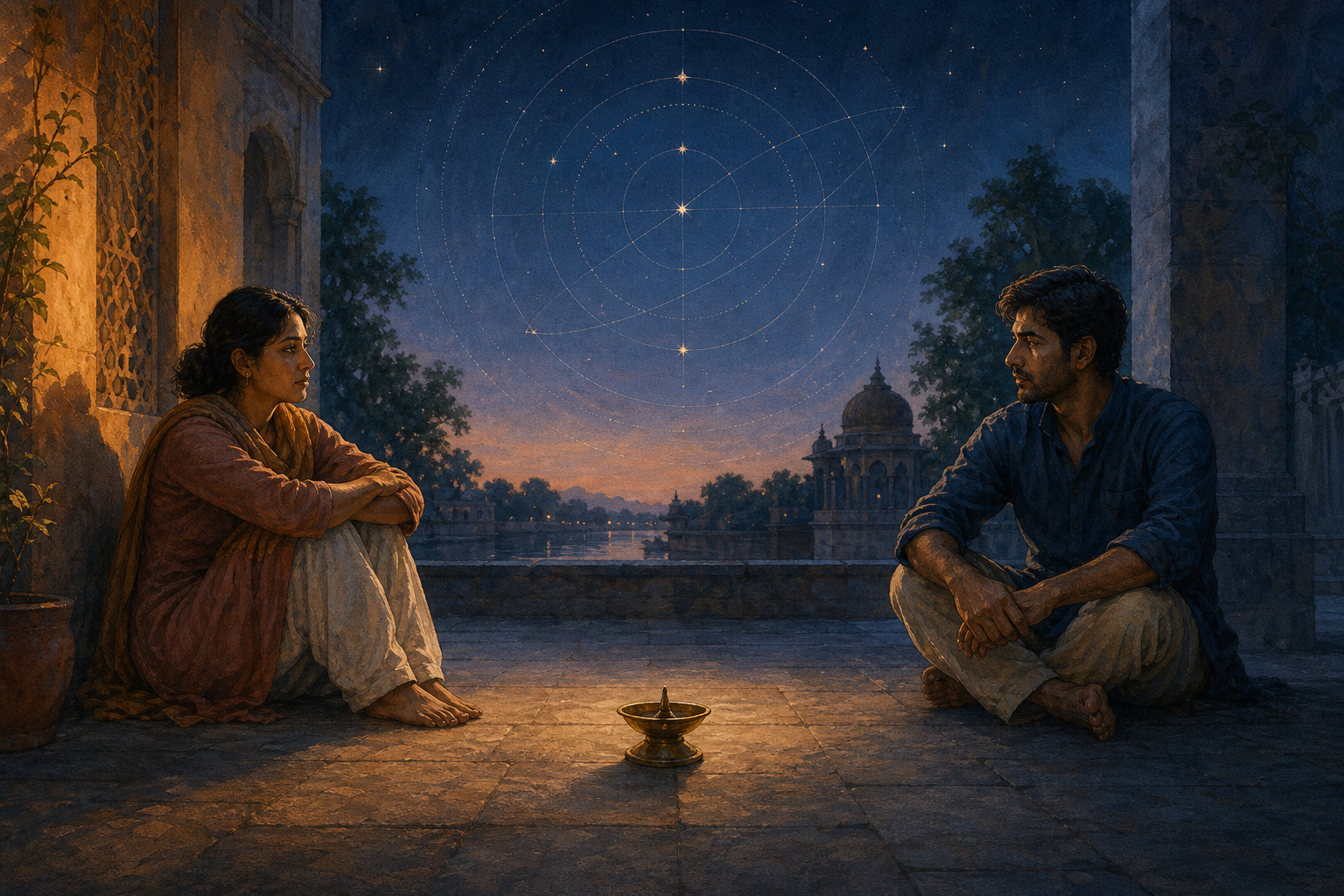 Two friends sit apart in a twilight courtyard beneath a subtle circular pattern of stars, with a brass oil lamp between them.