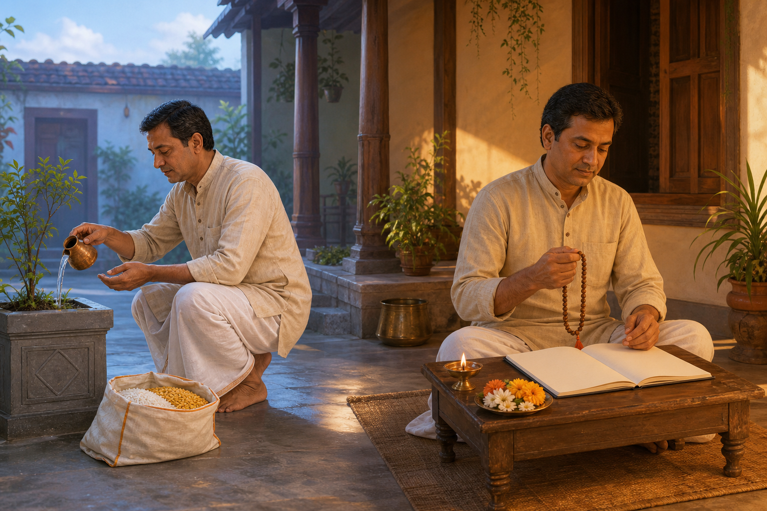 Two scenes show the same householder making a morning water offering beside a basket of grains and later sitting with prayer beads, flowers, a lamp, and a blank notebook.