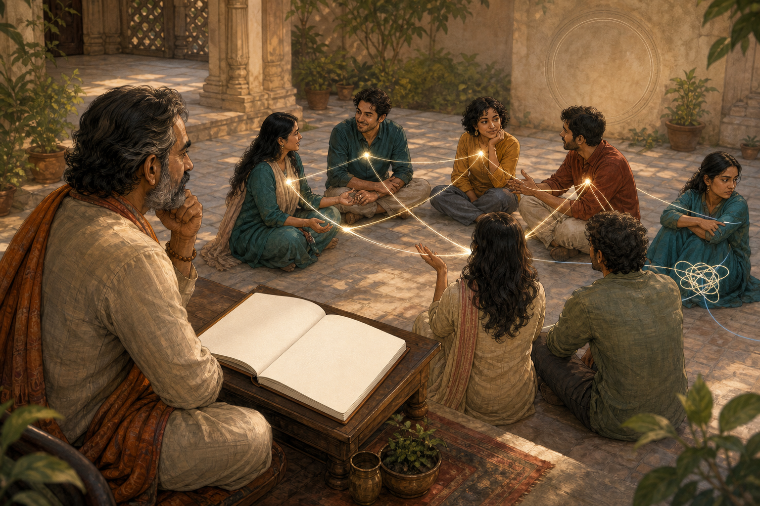 An astrologer observes a courtyard circle of friends connected by luminous threads, including one tangled connection and one loose connection.