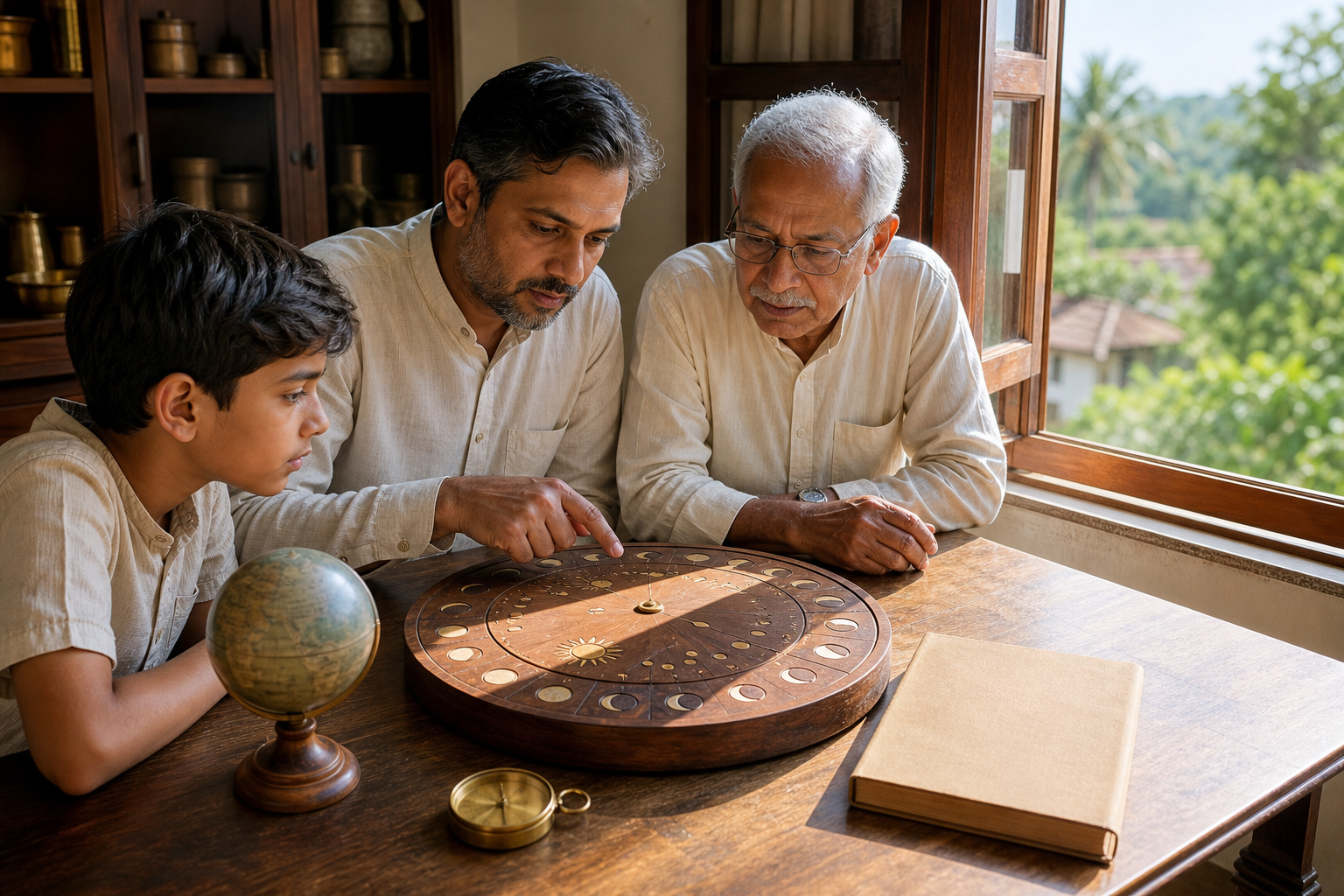 A family examines an unlabeled wooden calendar instrument beside a sunlit window, with a small globe, brass compass, and closed almanac on the table.