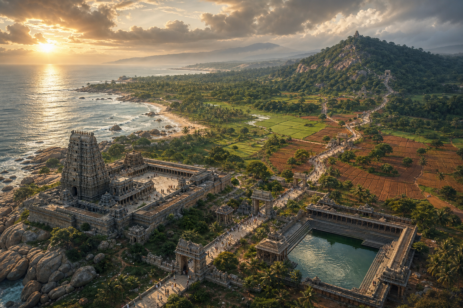 An oblique view shows temple complexes, a stepped tank, coastal paths, red-earth fields, and a wooded hill connected by pilgrim routes.