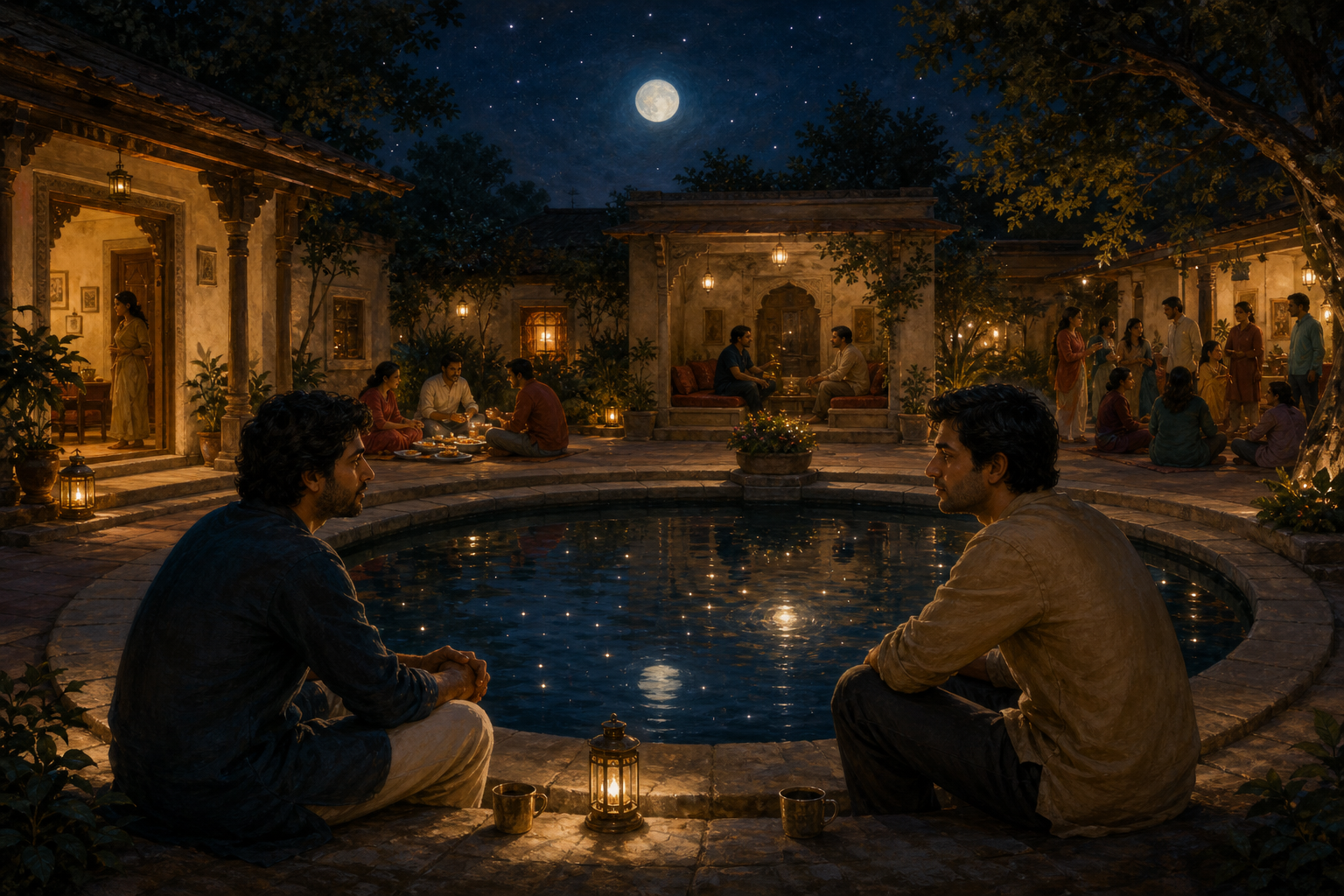 Two friends face one another across a moonlit circular pool surrounded by a doorway, meal setting, conversation alcove, and community gathering.