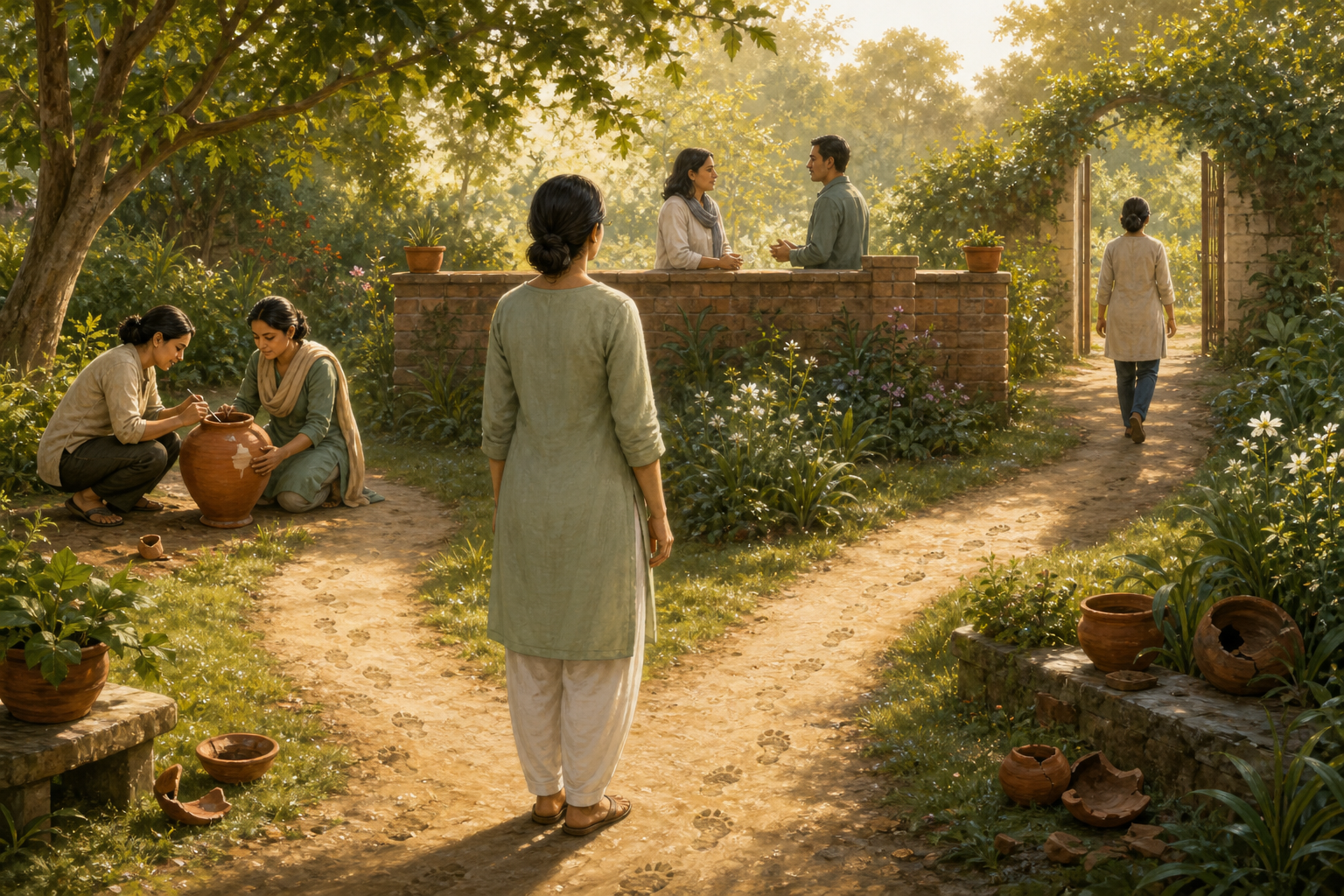 A person stands where three garden paths lead toward reconciliation, a bounded conversation, and an open gate for departure.