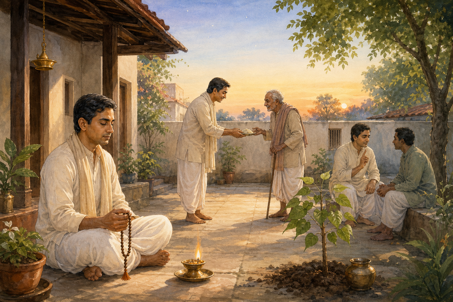A person practices quiet reflection, shares food with an older neighbor, tends a sapling, and speaks calmly with a friend in a dawn courtyard.