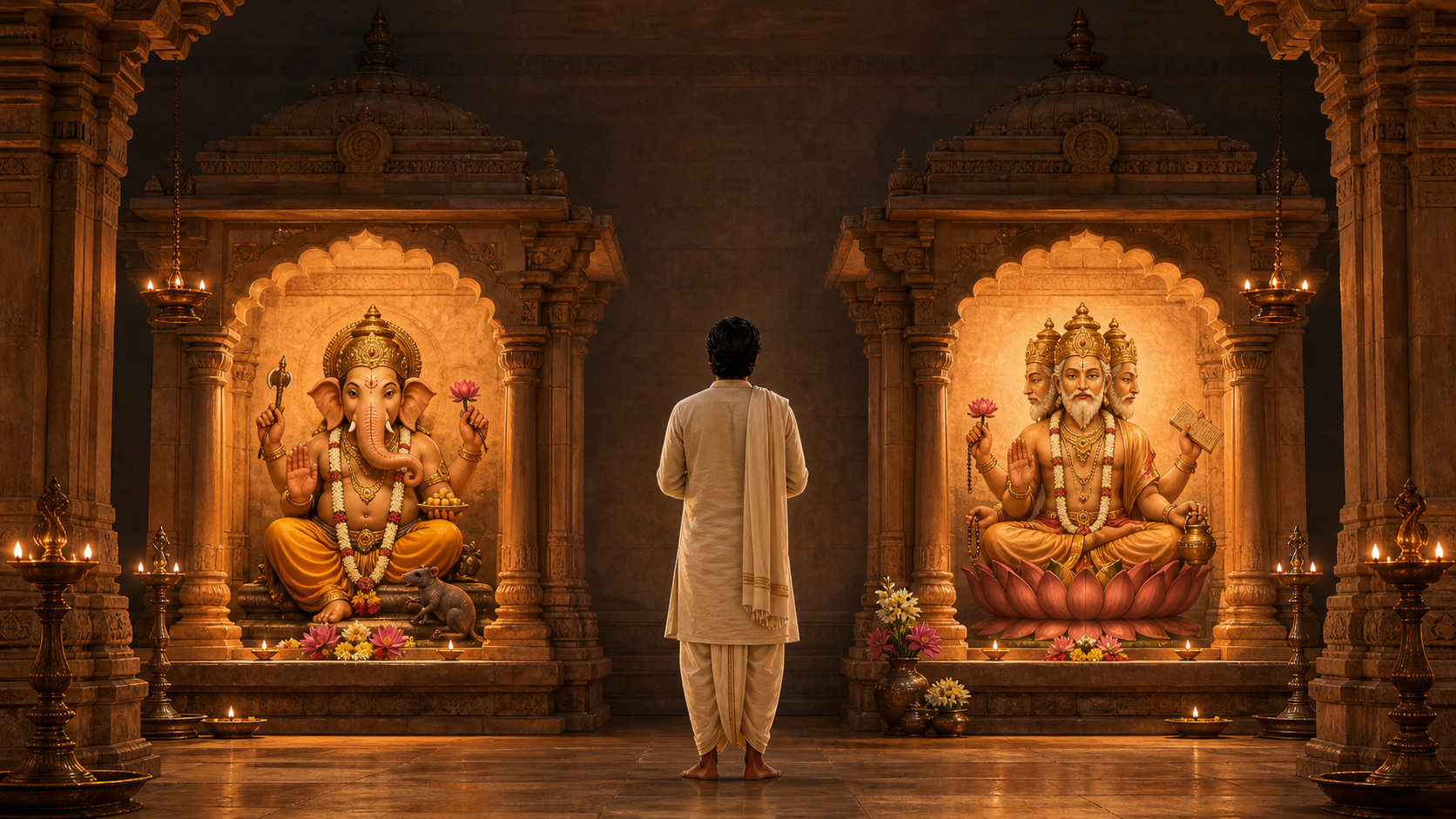 A barefoot visitor stands in a lamp-lit stone mandapa between a four-headed Brahma shrine and a four-armed Ganesha shrine.