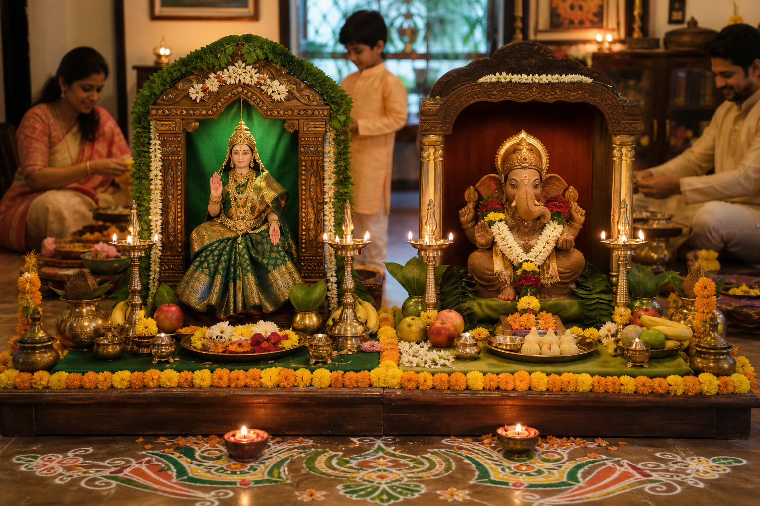 A home altar has separate Gauri and clay Ganesha arrangements connected by marigolds, lamps, offerings, and rangoli while a family prepares nearby.