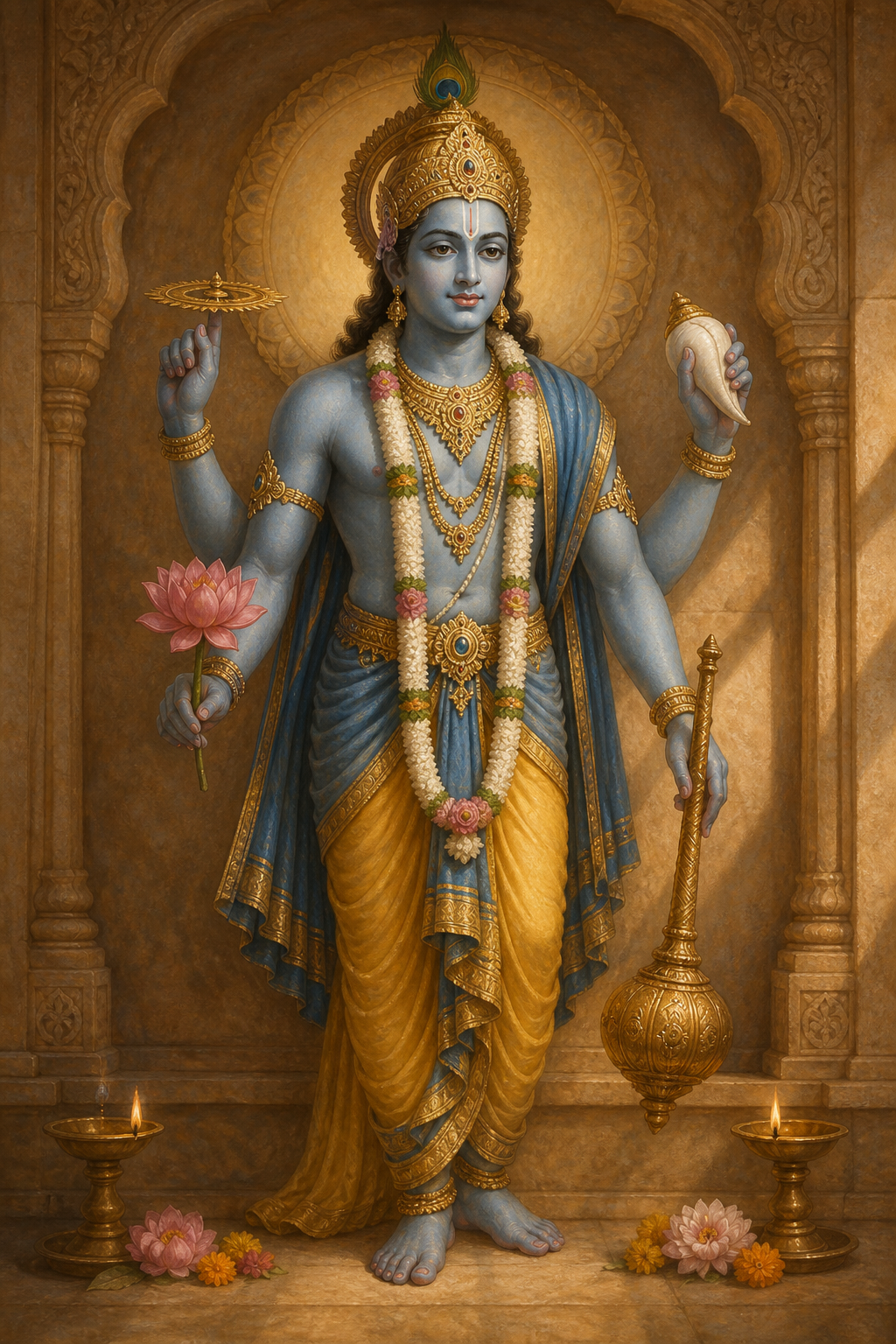 A four-armed Vishnu murti holds a conch, discus, mace, and lotus in a softly lit temple alcove.