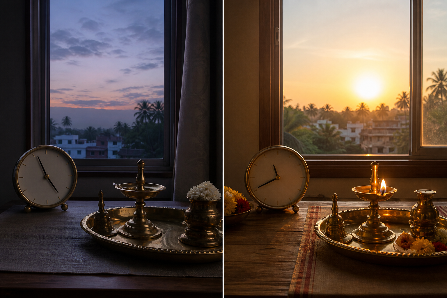 Two household puja settings show different stages of sunrise and different clock-hand positions, illustrating that local worship timing can vary.