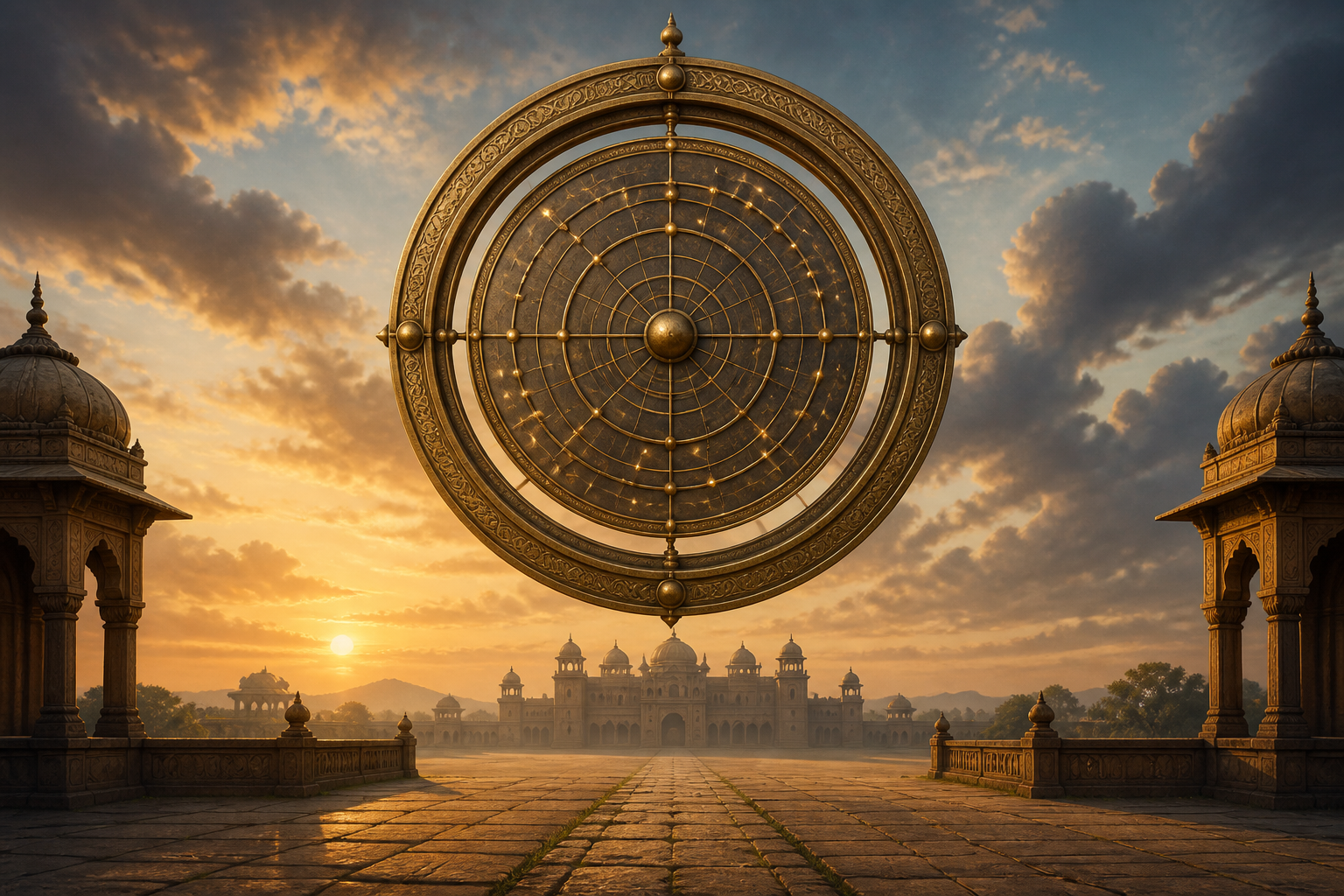 A brass celestial instrument hangs above a dawn courtyard, with a distant palace and an uneven path beneath a partly clouded sky.