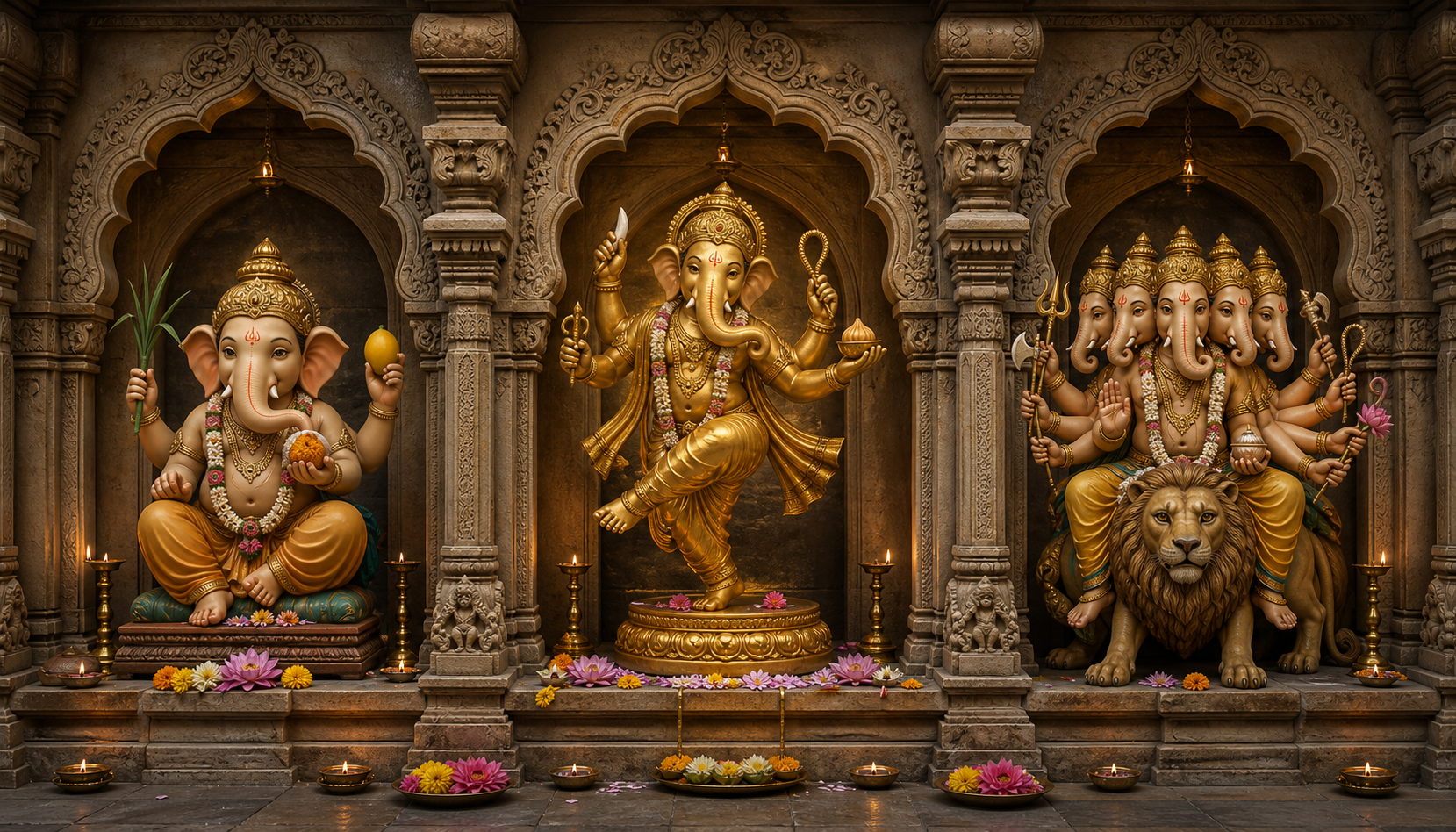 Three temple alcoves show a youthful seated Ganesha, a golden dancing Ganesha, and a five-headed Ganesha mounted on a lion.