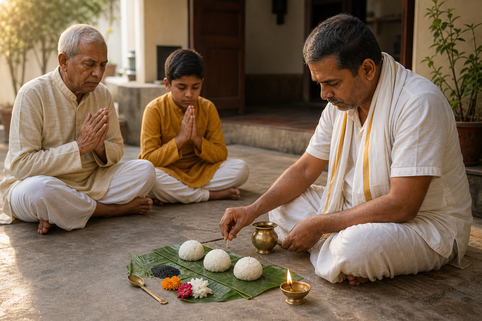 A multigenerational Hindu family sits beside rice offerings, a brass water vessel, flowers, darbha grass, and an oil lamp during a quiet ancestral remembrance ritual.