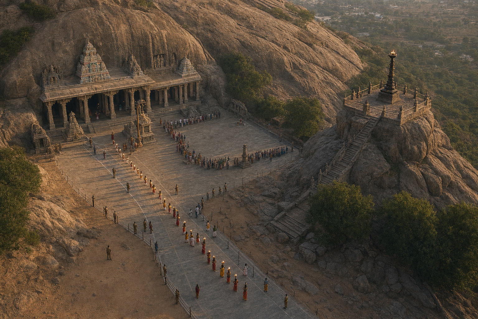 An overhead view of Thirupparankundram hill and temple precinct shows a lamp procession, gathering areas, access routes and administrators monitoring the site.