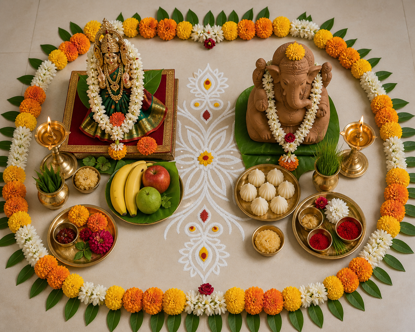 Separate Gauri and Ganesha worship spaces sit side by side within one flower-bordered home shrine, each with distinct lamps and offerings.