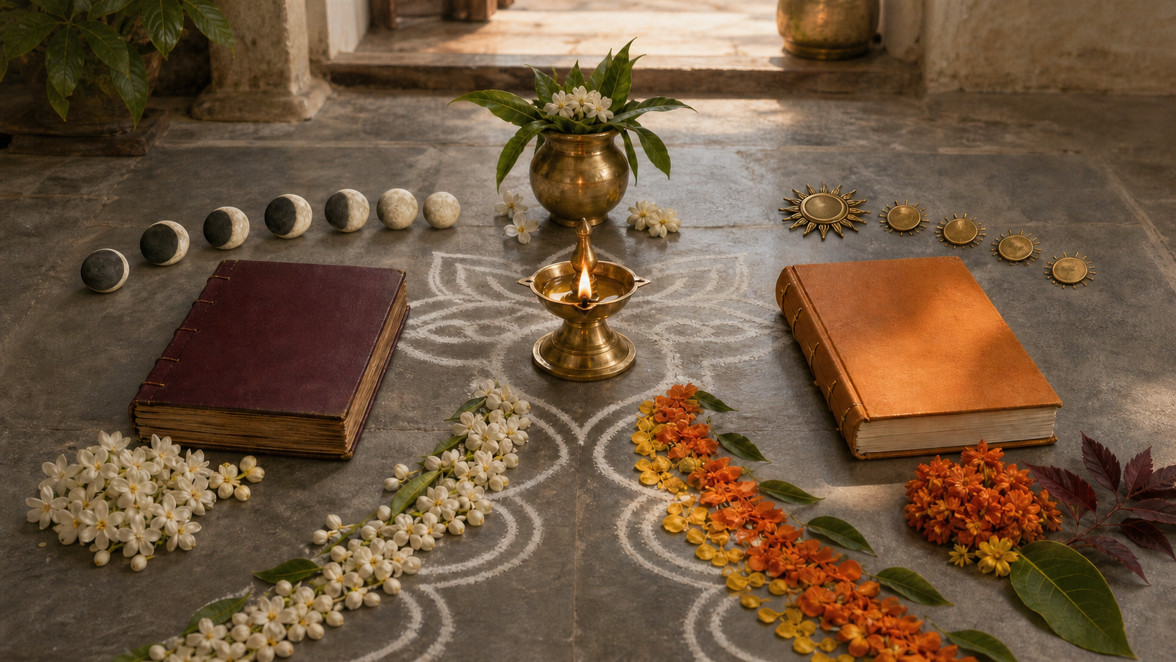 Two separate calendar books, lunar and solar symbols, flowers, a brass lamp, and a kalash arranged in a South Indian courtyard.
