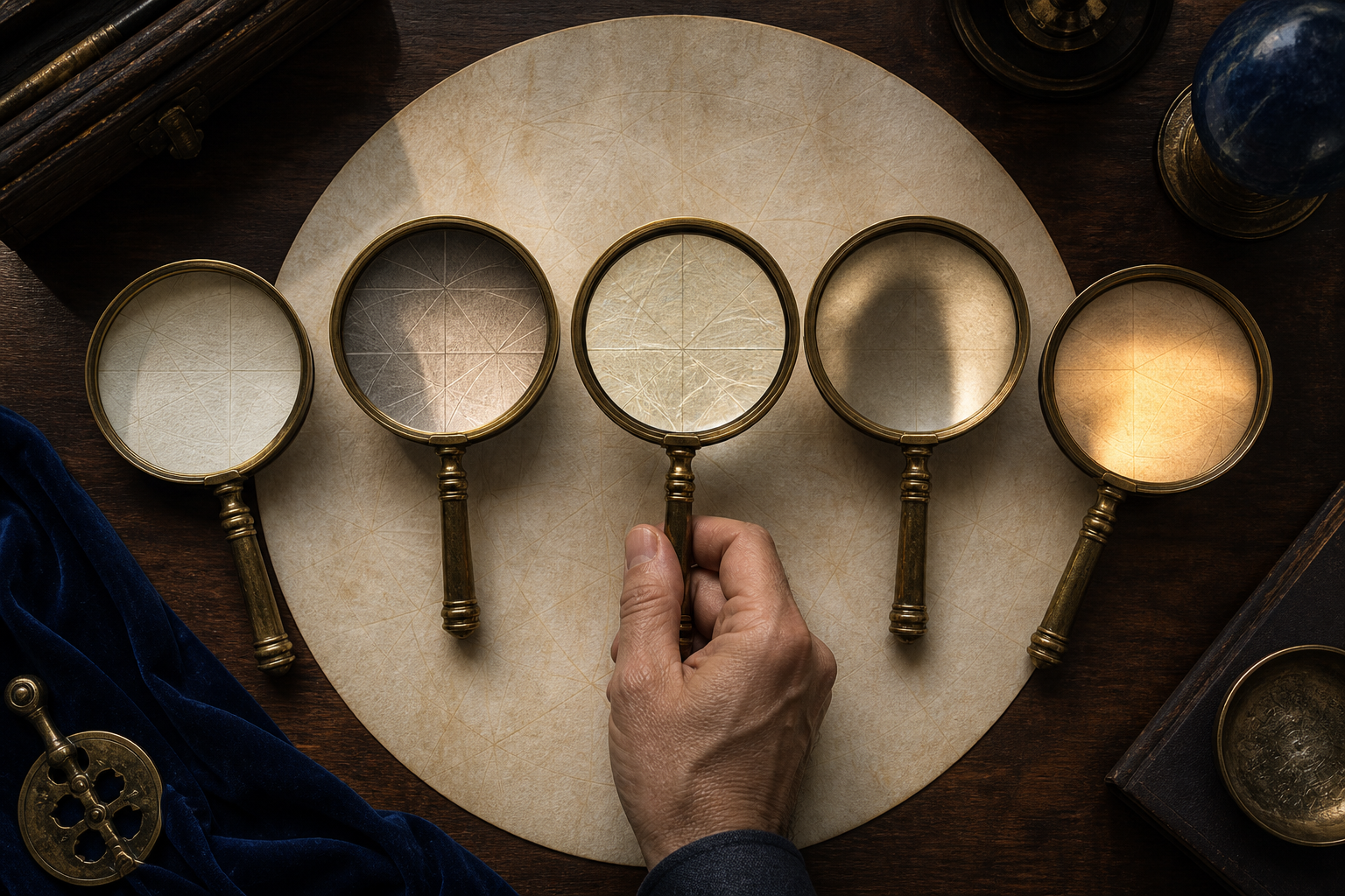 Five brass-rimmed magnifying lenses rest over an abstract circular parchment while a hand steadies one lens.