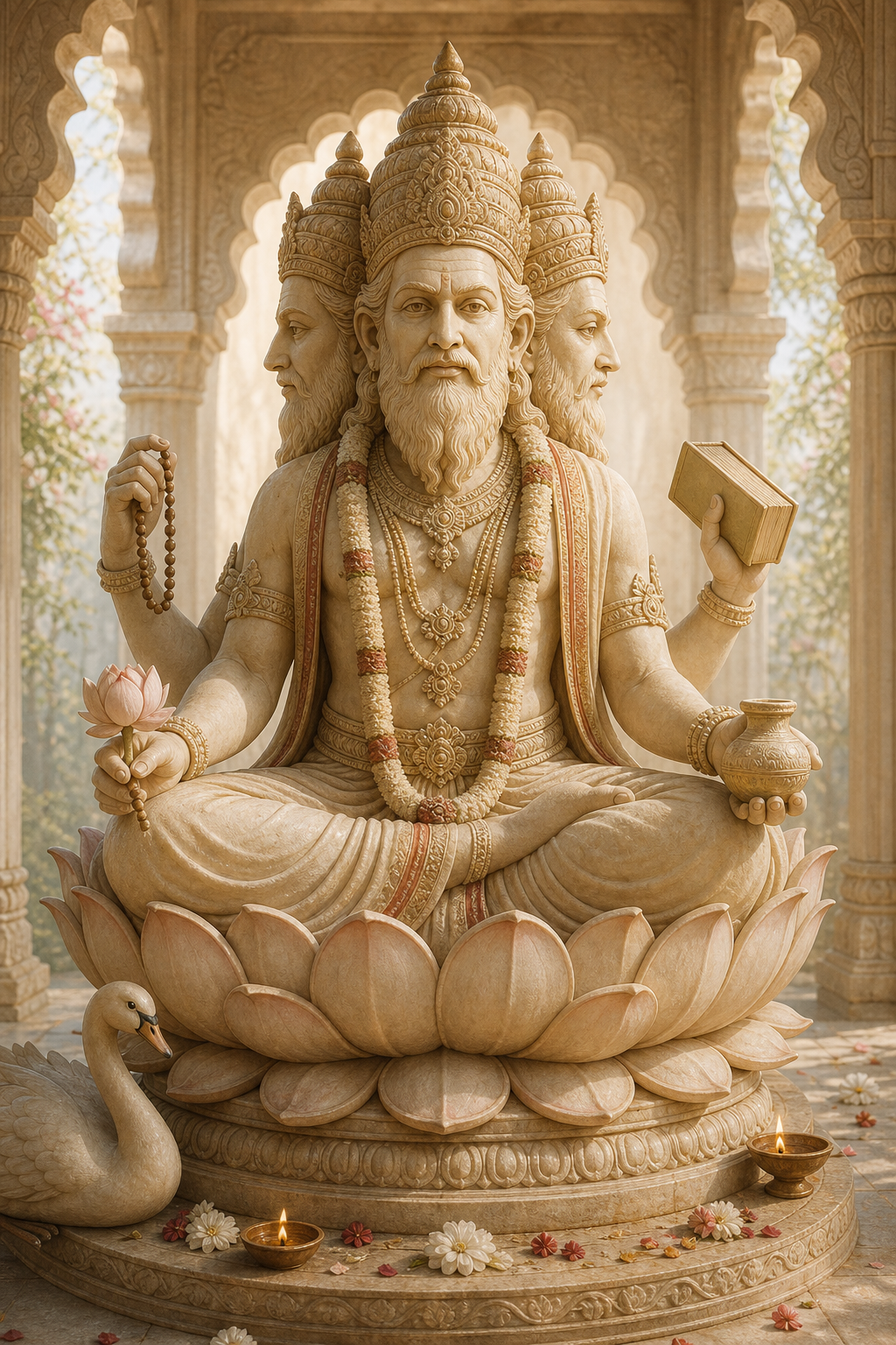 A lotus-seated Brahma murti has four heads facing different directions, four arms with traditional attributes, and a hamsa near the pedestal.