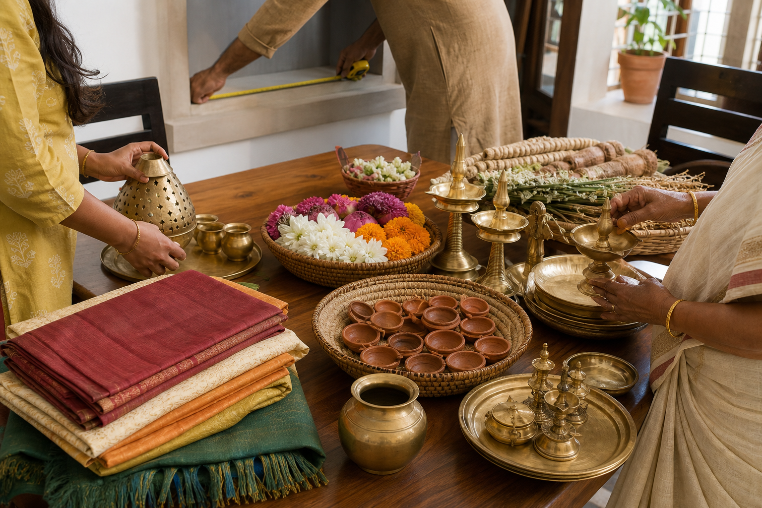 Family members sort reusable puja vessels, cloths, lamps, and decorations on a table while measuring the planned shrine space.