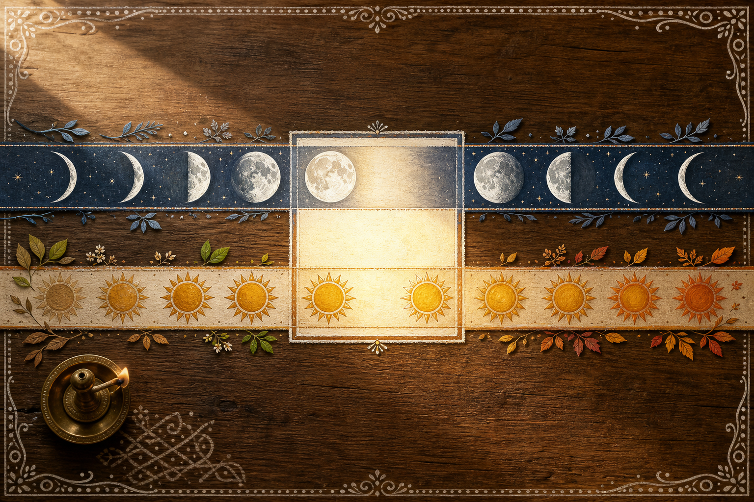 Separate moon-based and sun-based visual paths pass through the same central calendar space while remaining distinct.