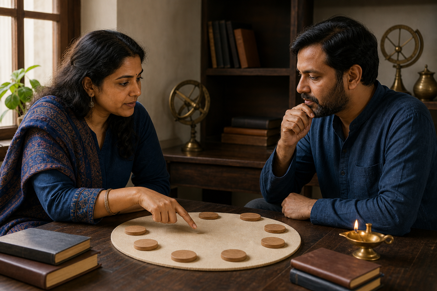 Older and younger relatives discuss an ancestral observance around a low table holding a copper vessel, folded cloth, darbha grass, sesame seeds, and an old family portrait.