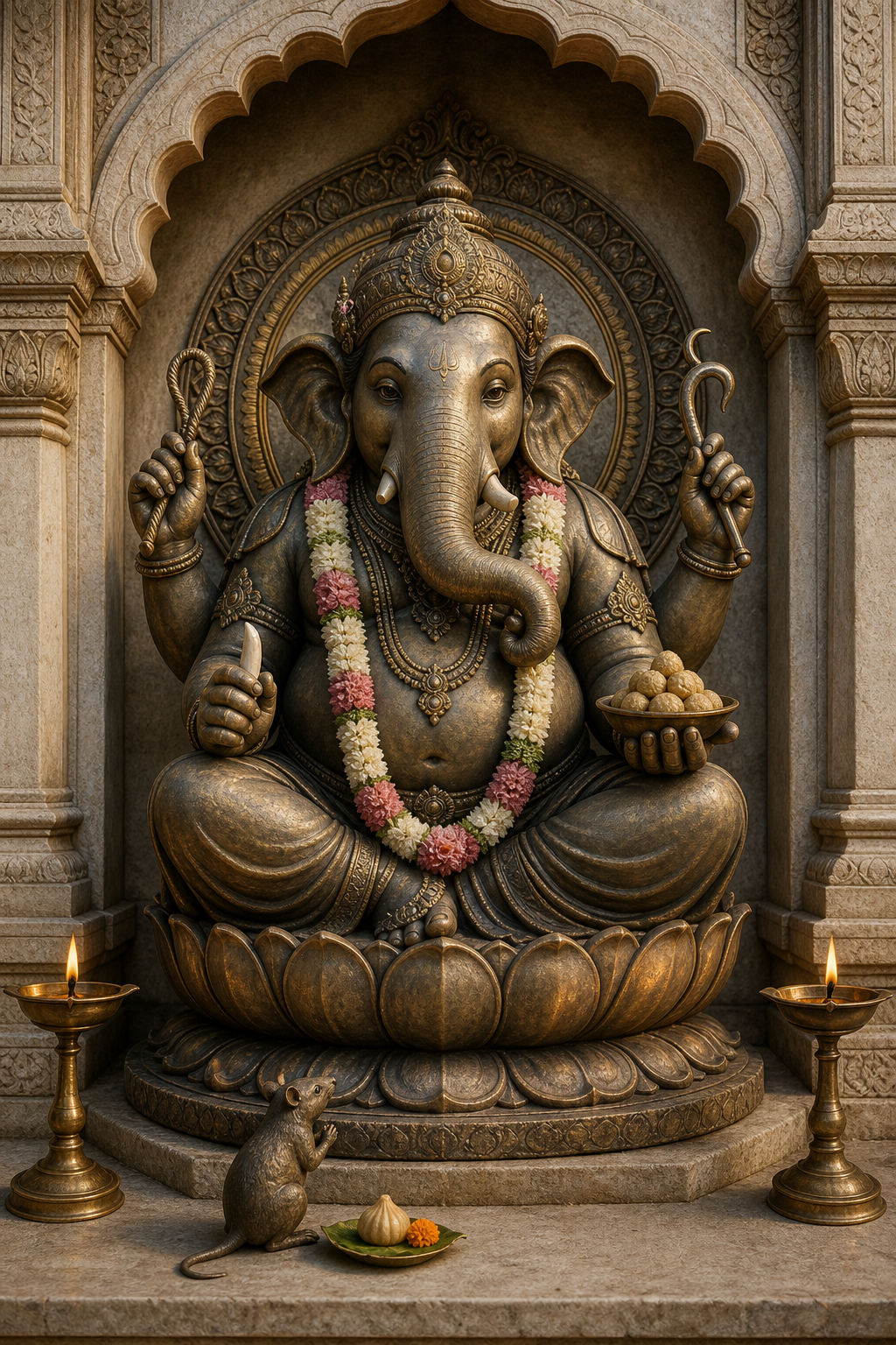 A four-armed seated Ganesha murti holds a tusk, bowl of sweets, noose, and goad, with a mouse and offering at the pedestal.
