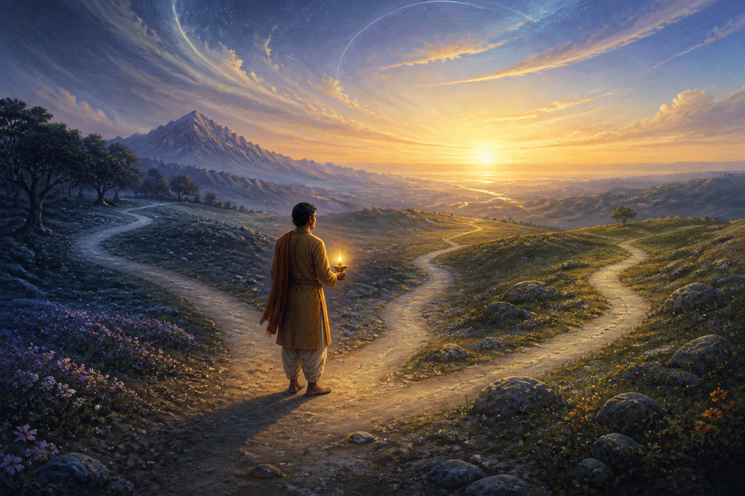 A traveler holding a brass lamp pauses where several paths cross beneath a starry dawn sky.