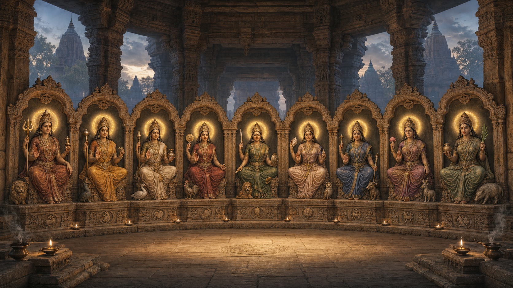 Nine Mother-goddess figures seated in temple niches on a continuous carved stone plinth, illuminated by oil lamps.