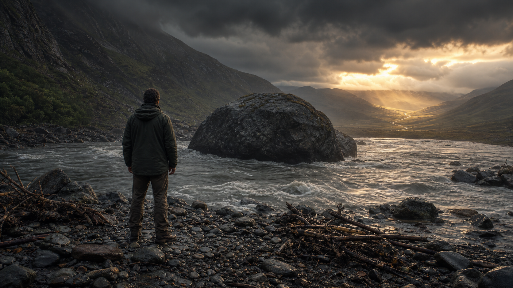 A person stands on a storm-darkened riverbank as morning light reveals a path beyond the swollen water.