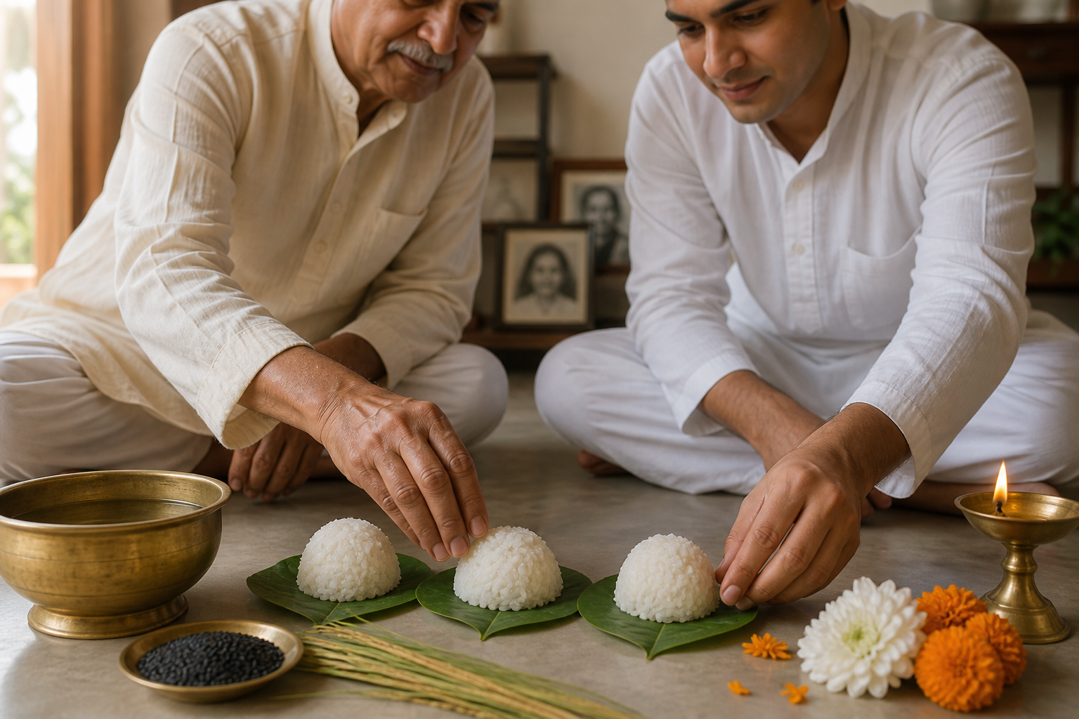 An elder guides a younger relative in arranging rice offerings, water, sesame seeds, darbha grass, flowers, and a lamp for ancestral remembrance at home.