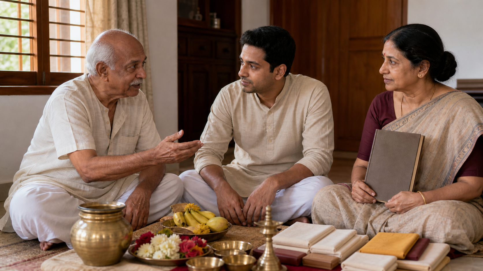 Three generations of a family discuss preparations beside a simple home shrine with flowers, fruit, a lamp, and a closed almanac.
