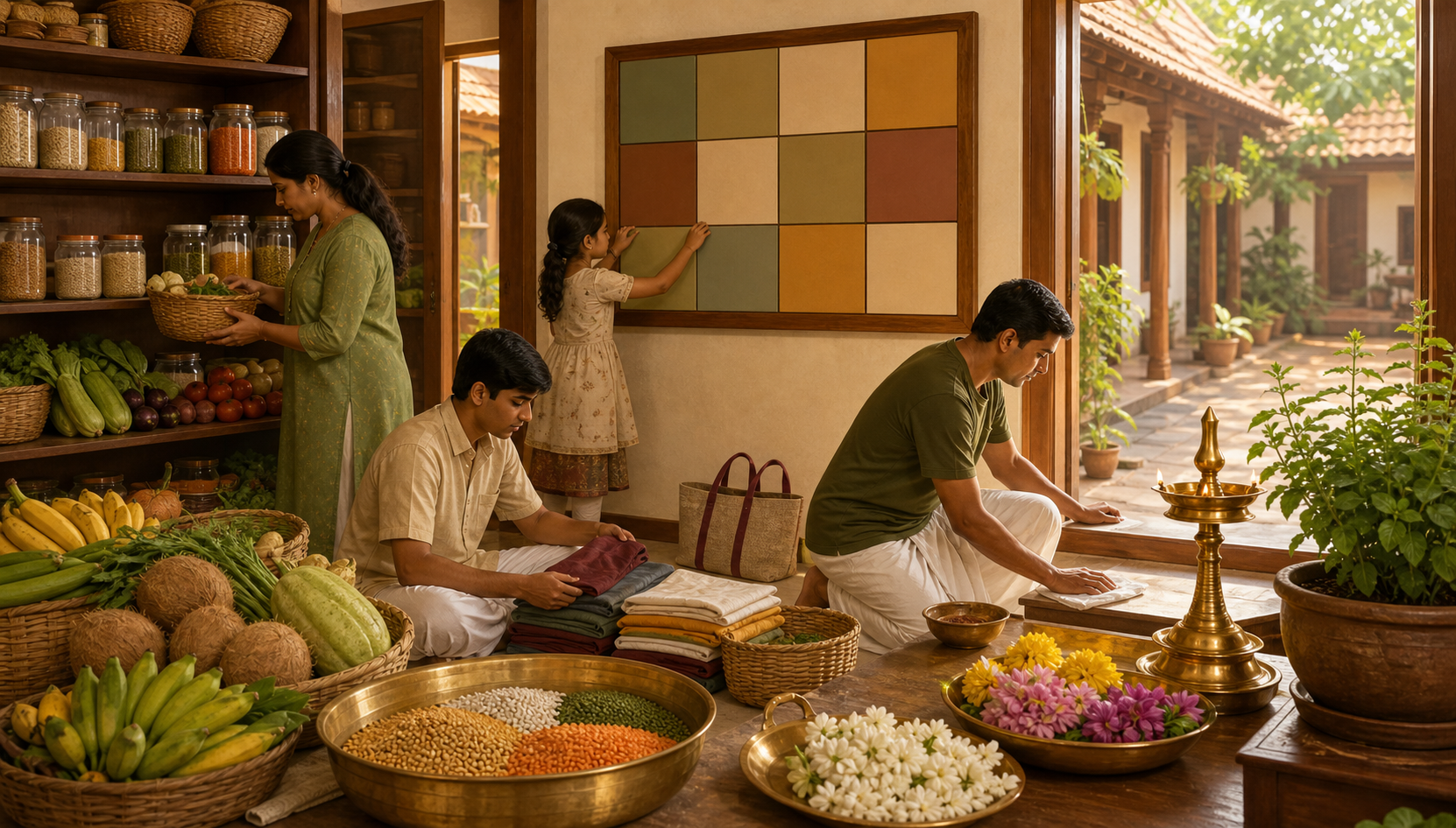 A Tamil household organizes pantry staples, flowers, a prayer area, and blank planning tiles for an extended observance period.