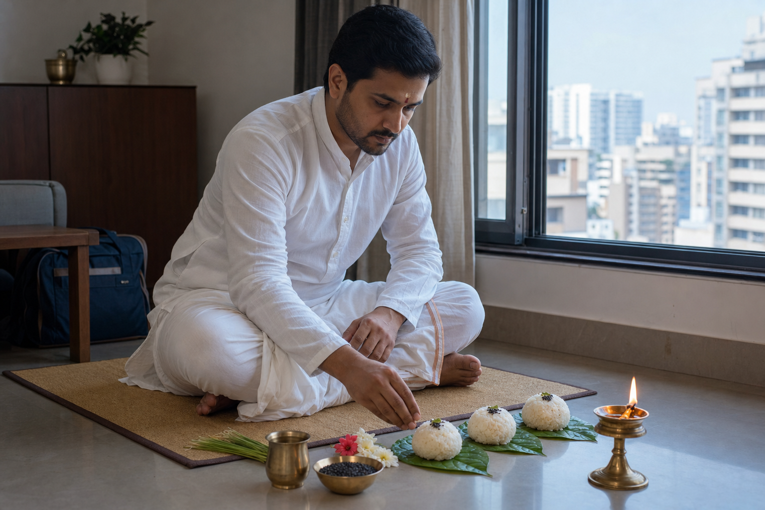 An adult performs a simple ancestral remembrance rite with rice offerings, water, sesame seeds, darbha grass, flowers, and a lamp in a small city apartment.