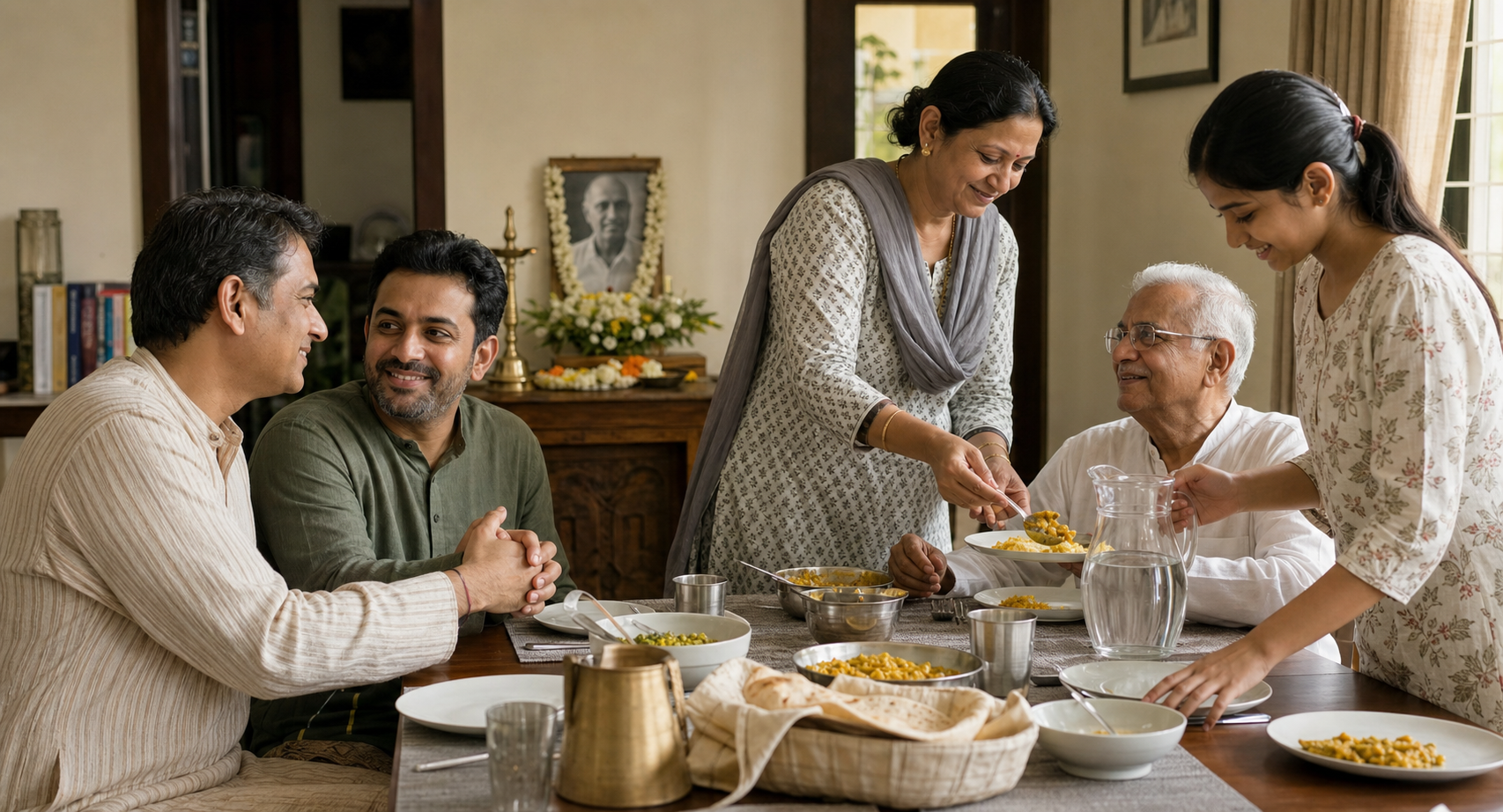 Relatives serve a vegetarian meal to an older family member and greet one another warmly, with a completed ancestral remembrance arrangement visible in the background.