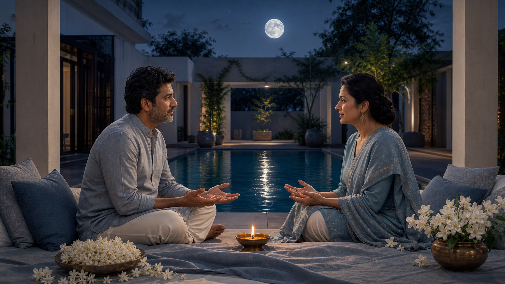 Two adults speak calmly on a moonlit veranda beside a still courtyard pool and a glowing oil lamp.