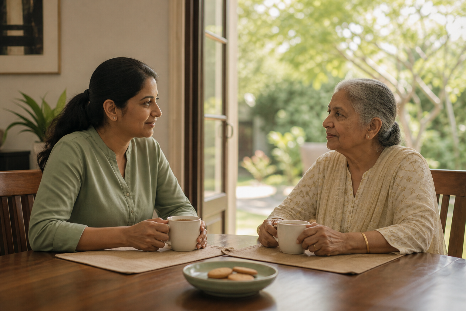 An adult and their elderly mother sit across from each other and talk over tea in a bright home.