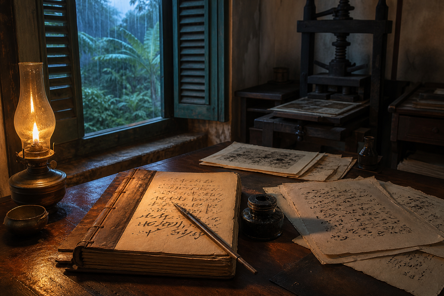 A nineteenth-century writing desk with an unreadable manuscript, reed pen, oil lamp and a small printing press in the background.