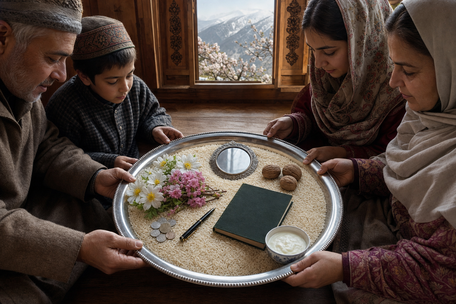 A Kashmiri family gathers around a Navreh thaal arranged with rice, flowers, a mirror, walnuts and other household items.