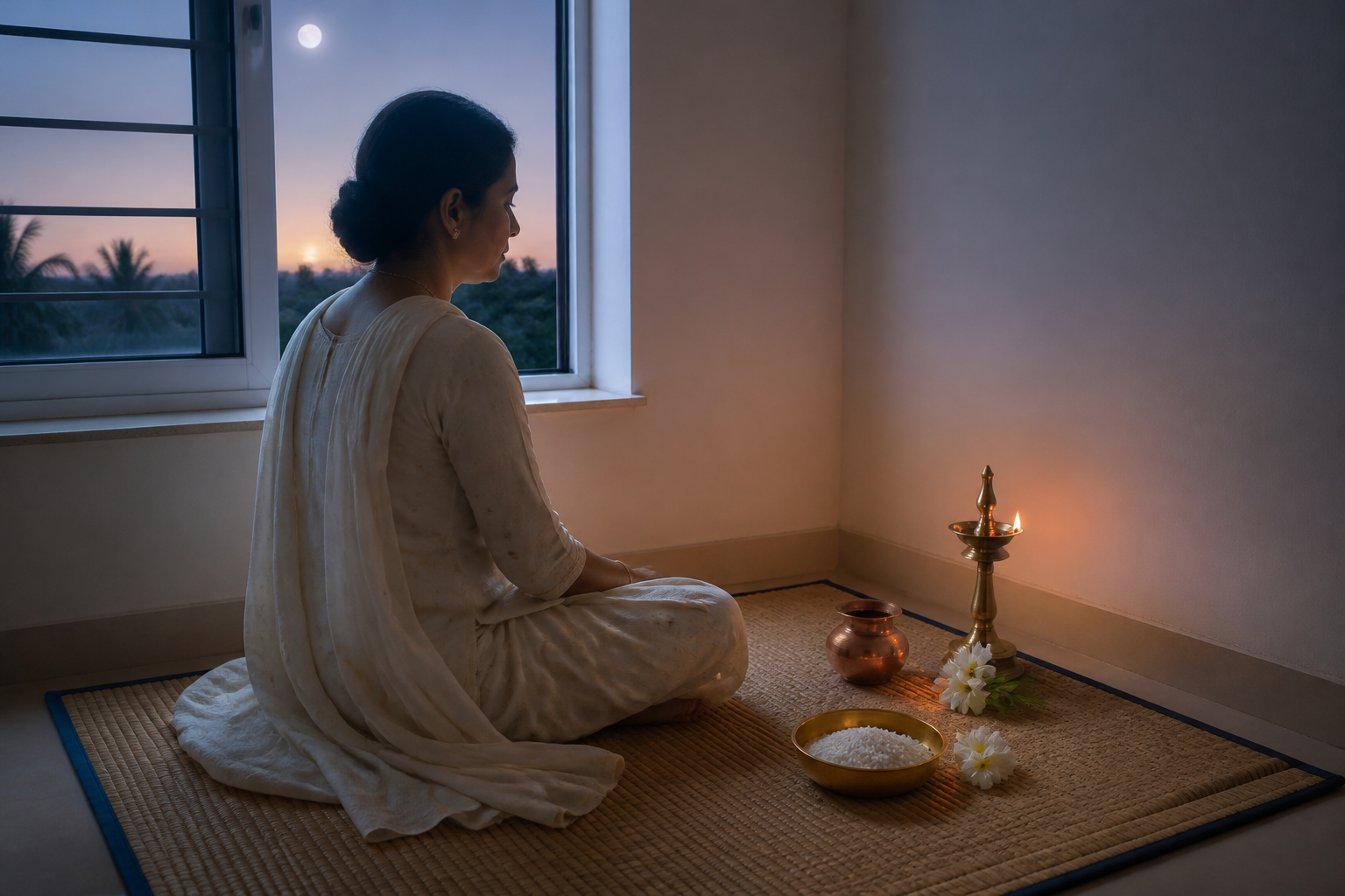 A person sits beside a small lamp, copper water vessel, white rice, and flowers in a simple home prayer space.