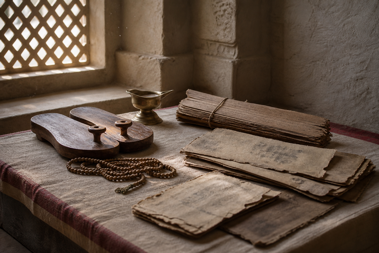 Wooden sandals, prayer beads, a brass lamp, and incomplete old folios rest on a cloth-covered platform in a quiet shrine room.