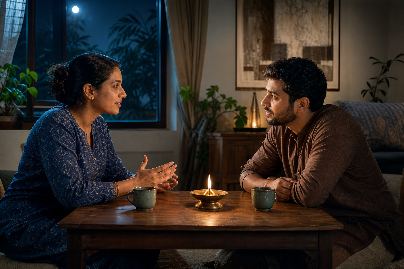 Two partners listen to each other across a low table lit by an oil lamp and moonlight.