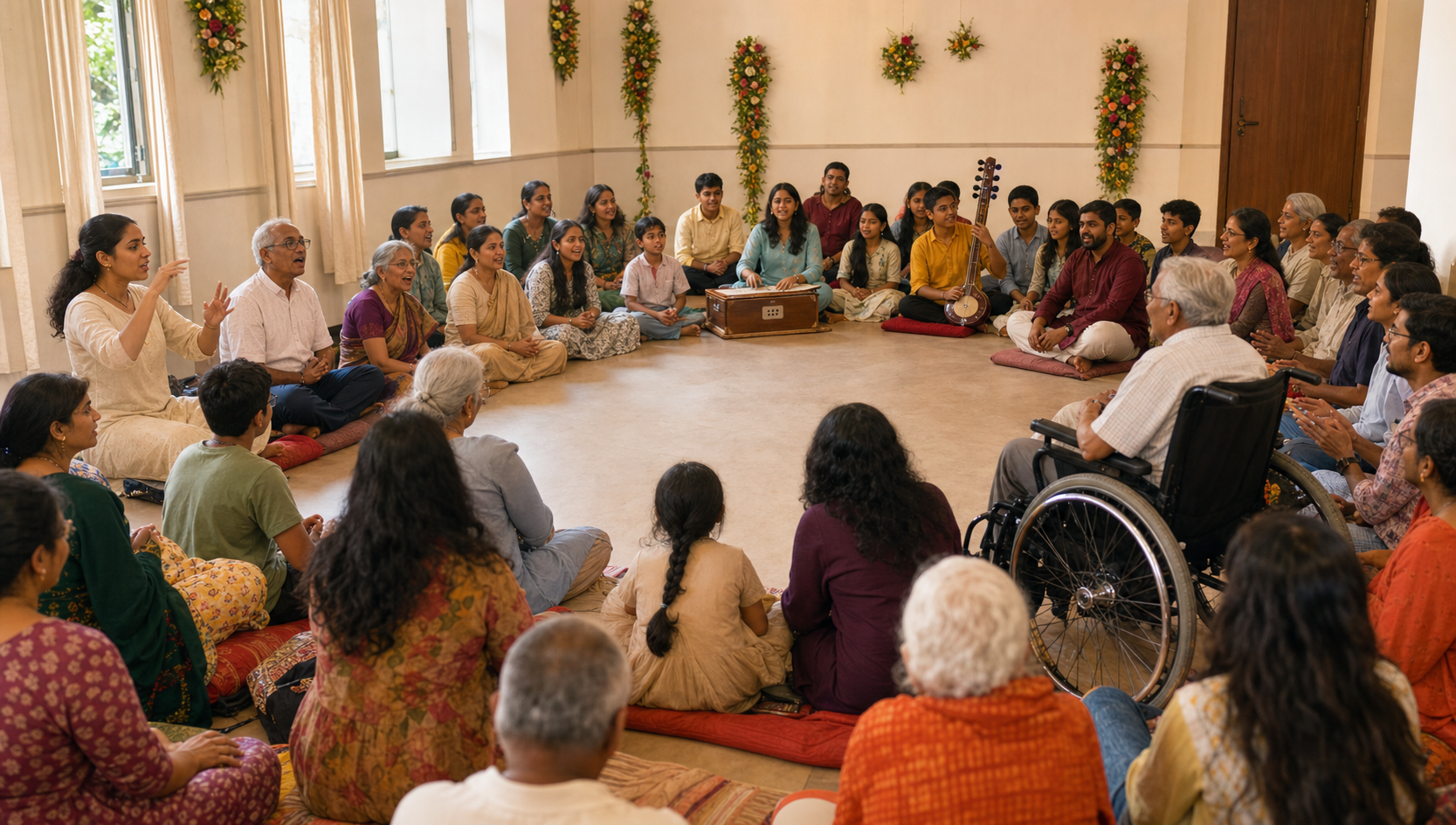 An intergenerational group sings in a school hall with musicians, a sign-language participant, children and a wheelchair user included in the circle.