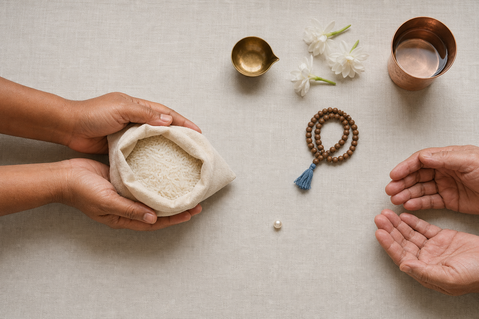 Hands offer a small bag of white rice beside a brass lamp, white flowers, water, prayer beads, and a loose pearl.