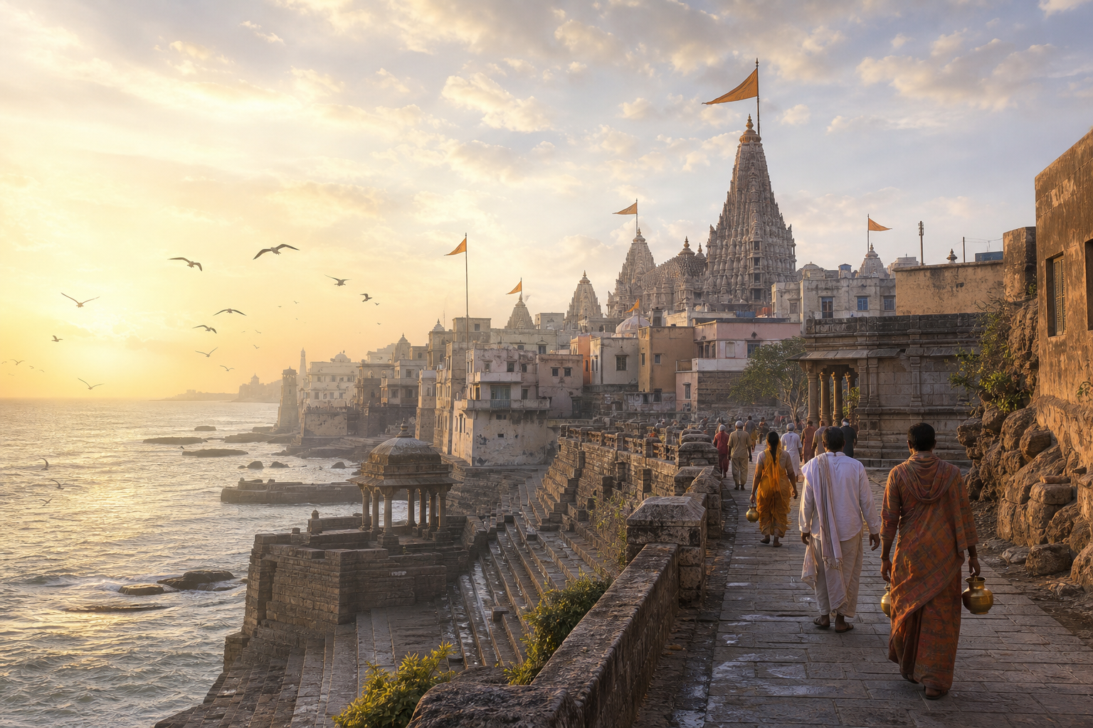 Pilgrims walk along stone ghats beside the Arabian Sea as Dwaraka's temple skyline rises in the dawn mist.