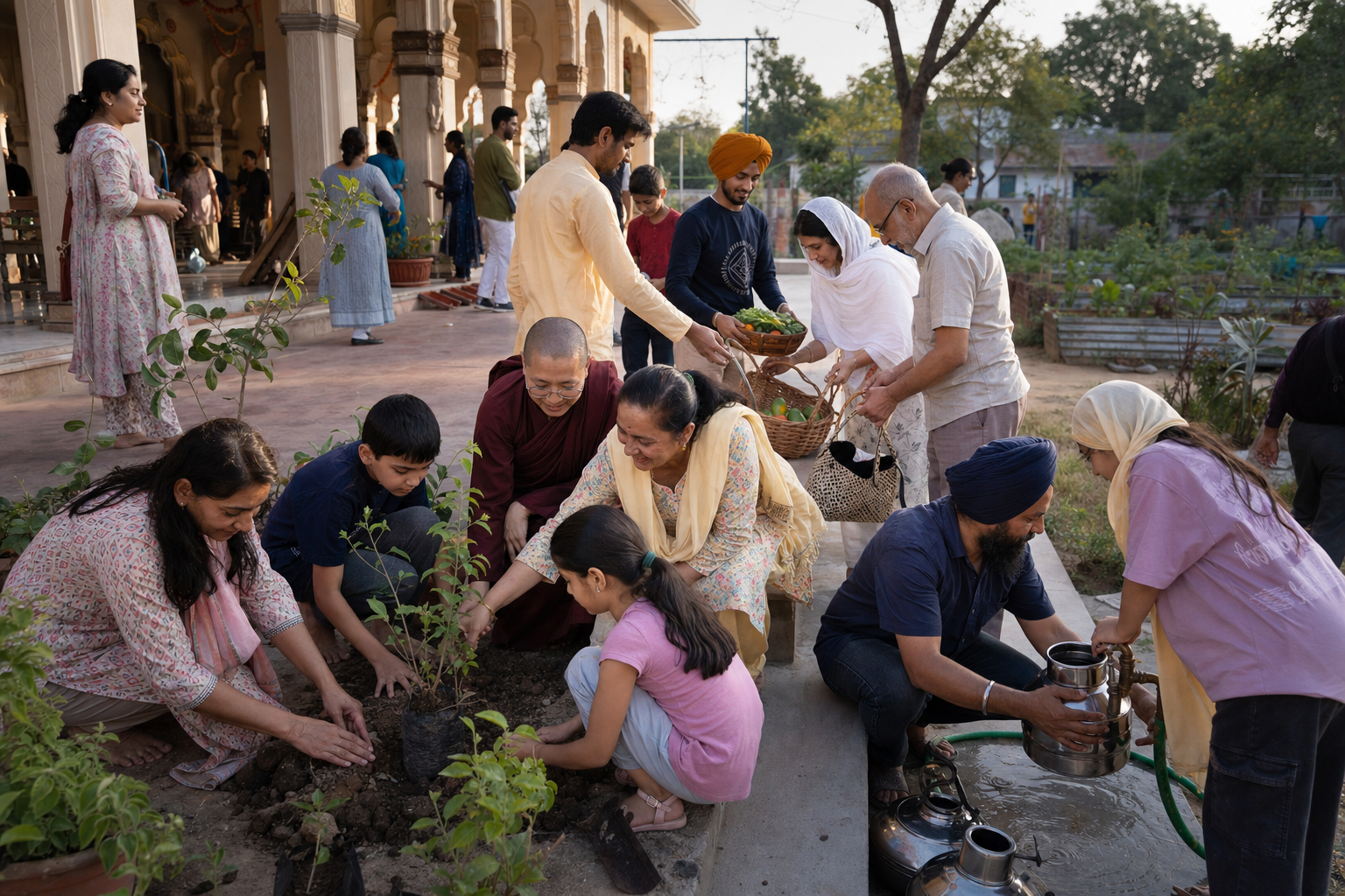 Dharmic community members plant saplings, sort produce and prepare water vessels together during a neighbourhood service activity.