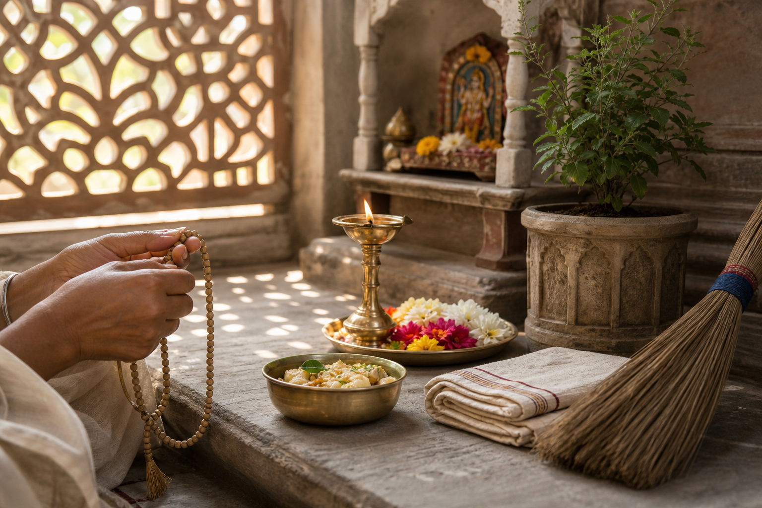 A devotee uses prayer beads in a sunlit courtyard beside a small Krishna shrine, lamp, flowers, tulsi plant, and food offering.