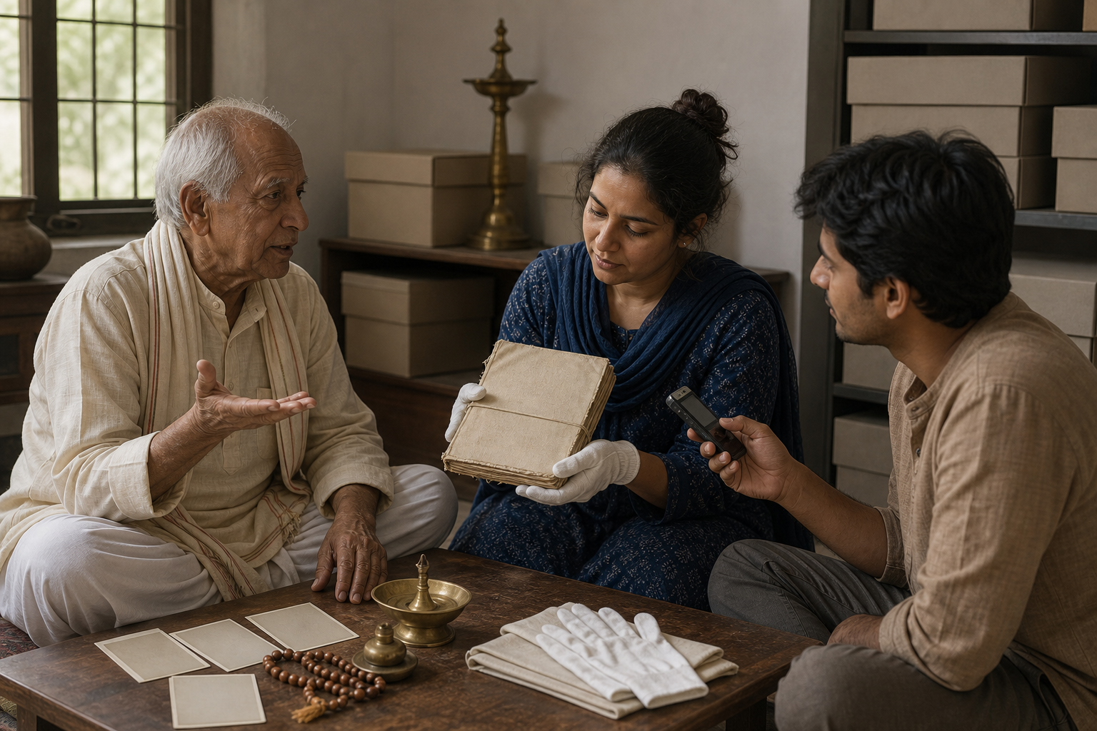 Three generations gather around a low table to record an elder's oral history and preserve a cloth-wrapped notebook and devotional objects.