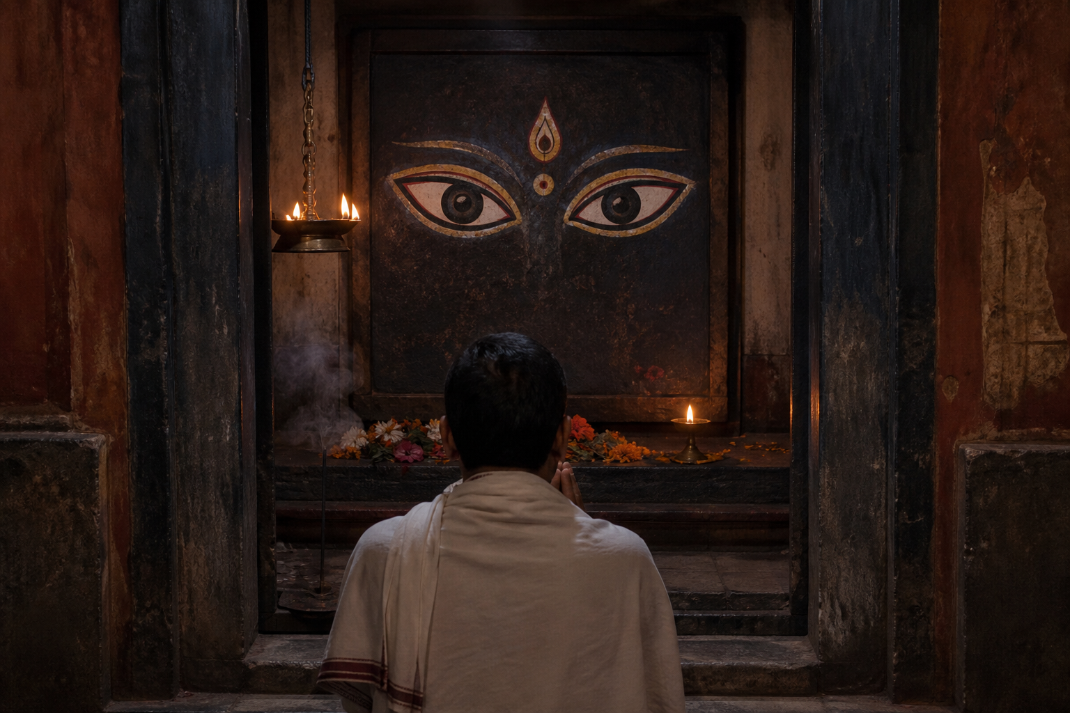 A devotee stands with joined hands before a small Hindu shrine centered on a pair of painted sacred eyes illuminated by oil lamps.